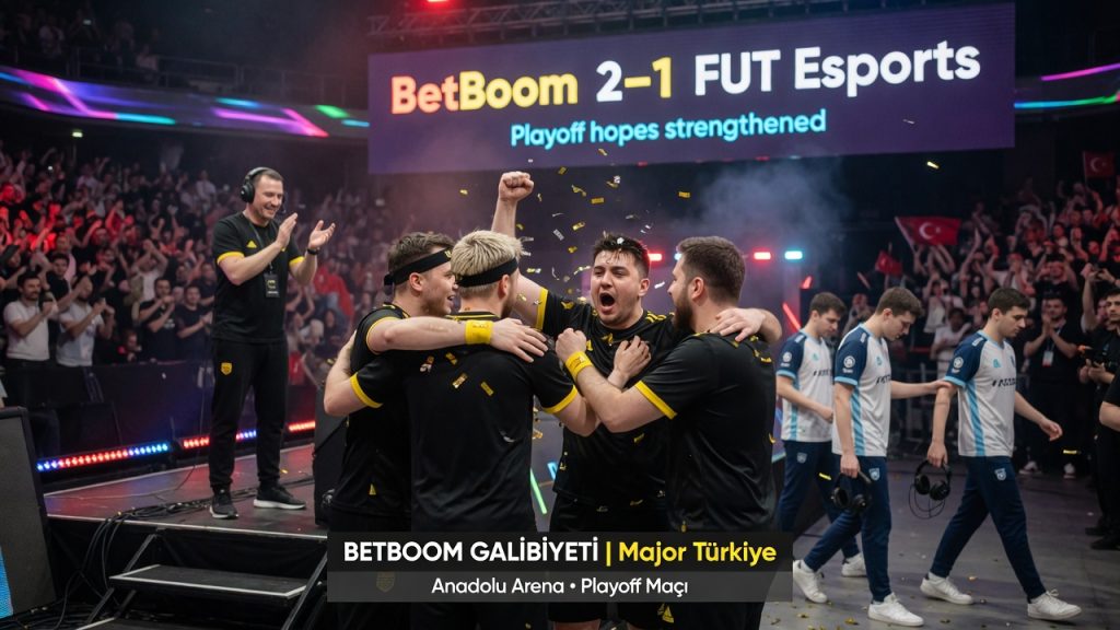 BetBoom Team celebrate a 2–1 win over FUT Esports on an arena stage, with