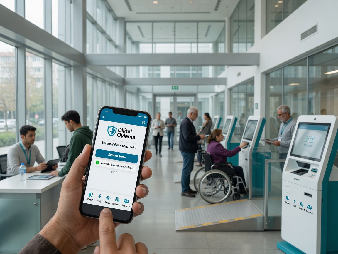 Hand holding a smartphone with the Dijital Oylama secure ballot app in a bright