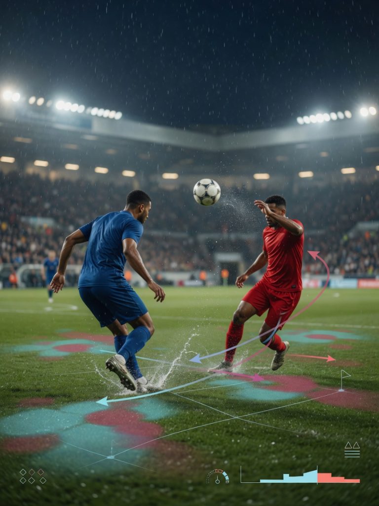 Stadyum ışıkları altında iki isimsiz futbolcunun top için mücadele ettiği, sahanın üzerinde taktiksel veri