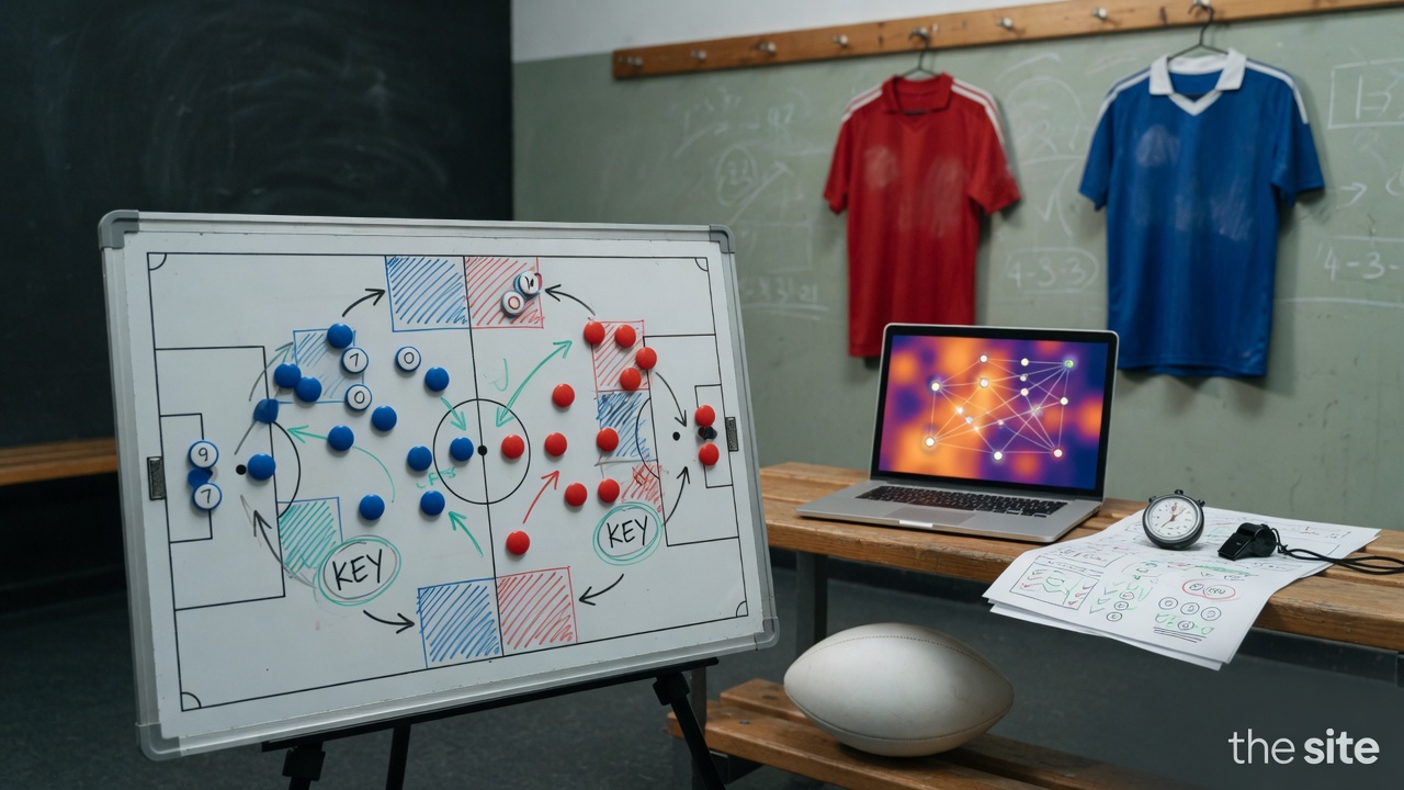 Locker room tactics board with colored magnets and arrows, laptop heatmaps, and two generic