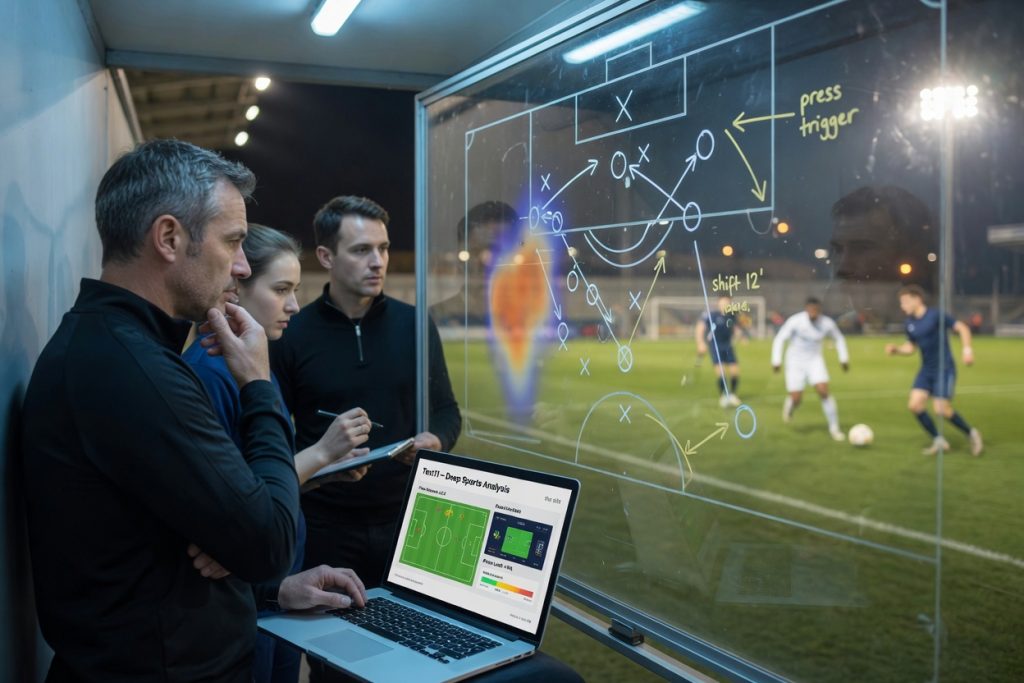 Coach and analysts study a glass tactics board with pass networks and heatmaps reflected,