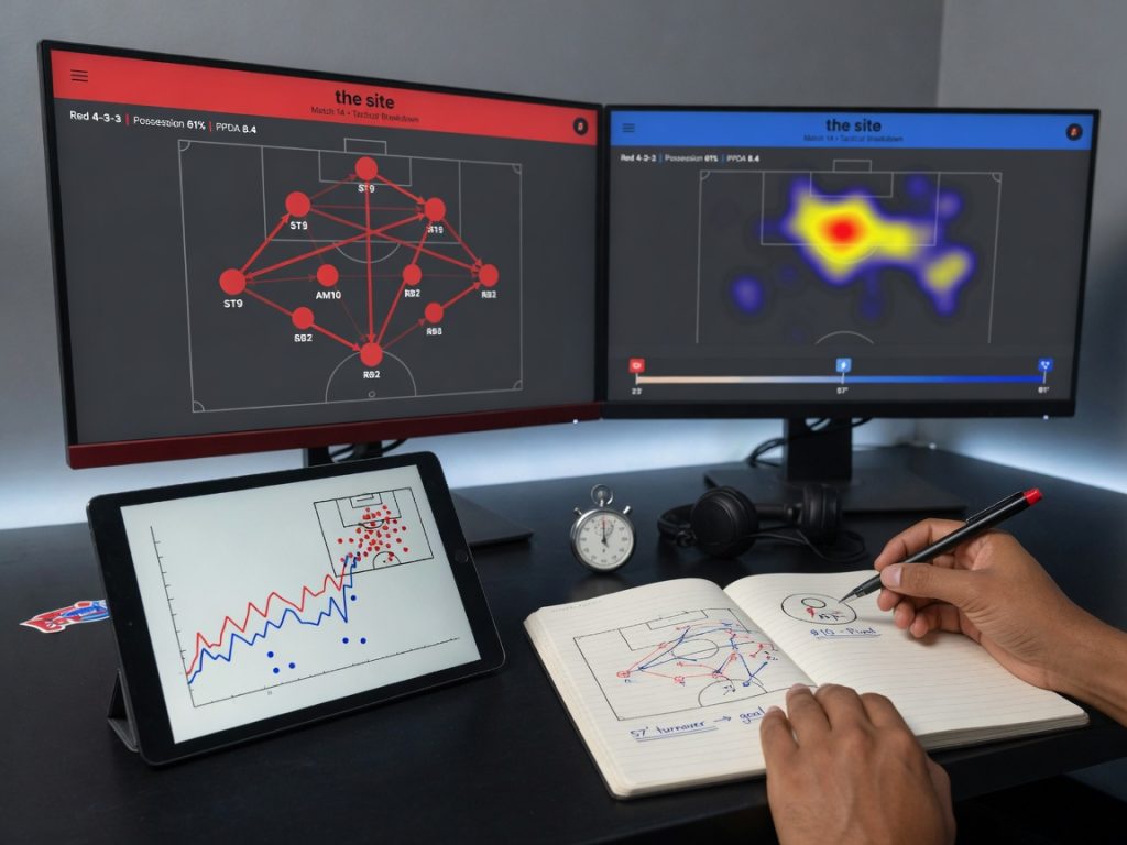 Top-down photographic shot of a tidy analyst’s desk for the site: a magnetic tactics