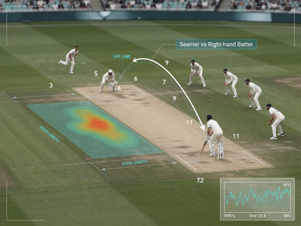 High-angle photo of a Test cricket pitch with players in position and subtle data