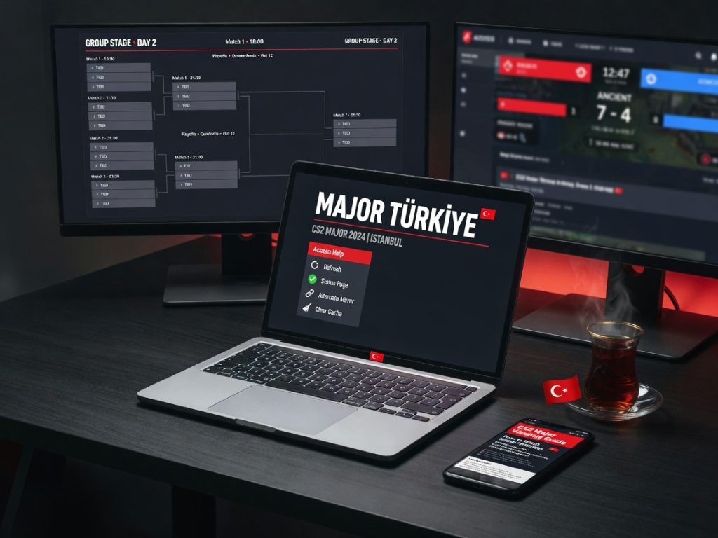 Night-time photo of a sleek dual-monitor esports desk with the Major Türkiye site and